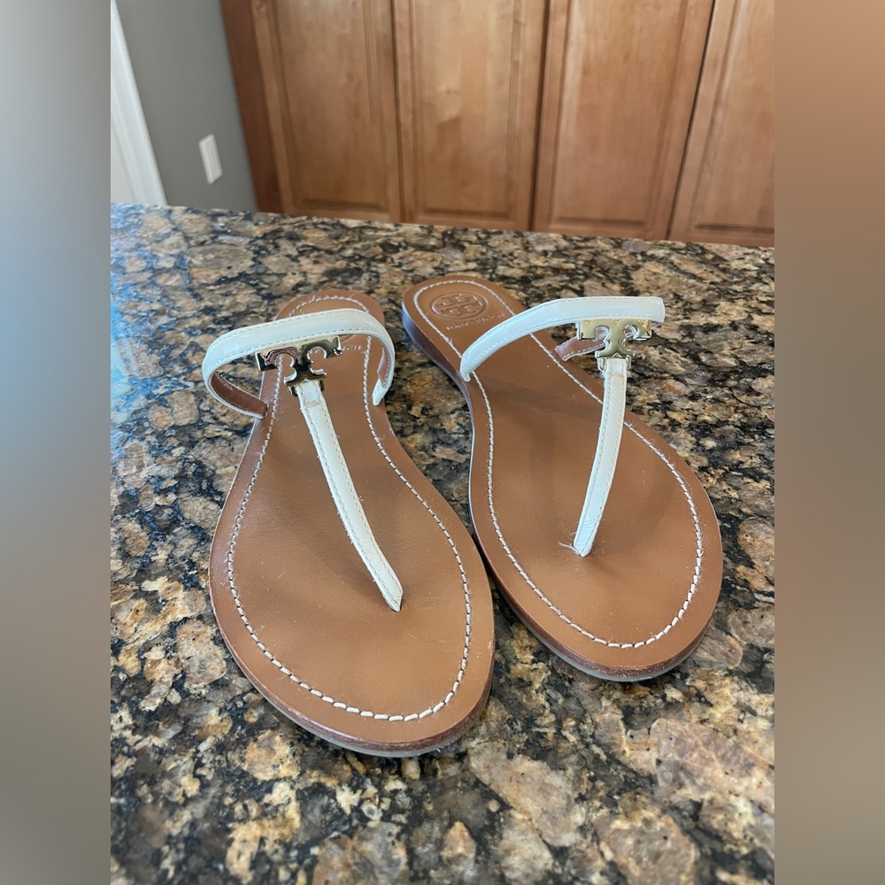 Tory Burch White T-Strap Logo Sandal